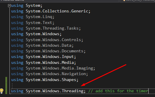 mooict wpf c# save the presents game - adding the threading namespace for the timer object